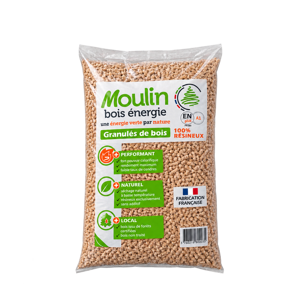 Granulés de bois Moulin Bois Énergie 100% résineux – Sac 15 kg